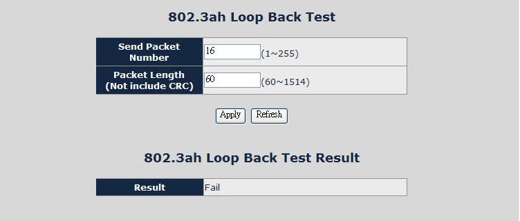 Figure 42: 802.3ah Loop Back Test Web Page screen The 802.3ah Loop Back Test Web page includes the following configurable data: 802.