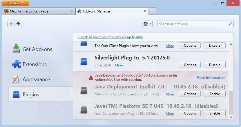 5. In the Enable add-on window, related plug-ins are listed. Make sure the applicable plug-ins are selected and click Enable. Note: If Java is not in your list of add-ons, please visit www.java.