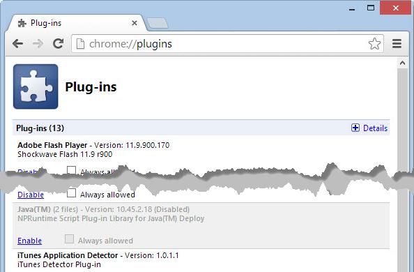 3. Select Plugins. All plug-ins currently installed are shown. 4. Click the Enable buttons for the Java Deployment Toolkit and the Java(TM) Platform SE. Both plugins need to be enabled.