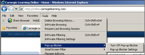 Disabling Pop-up Blockers Pop-up blockers inhibit the Carnegie Learning Software from functioning properly.