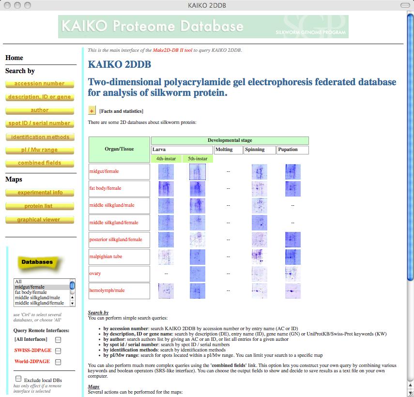 3.6 Proteome database (KAIKO2DDB) [Features] - Database for silkworm proteome analysis using two-dimensional polyacrylamide gel electrophoresis images of various developmental stages and tissues.