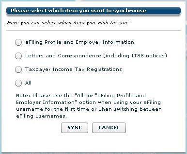 Step 3 Select which items must be synchronised: efiling profile and