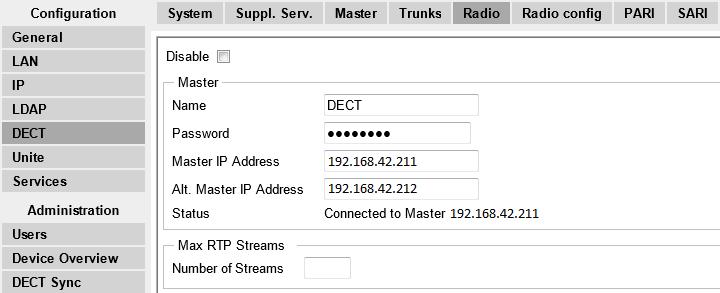 Select DECT and then select the Master tab. a. Set the Mode to Mirror. b. Set the Mirror Master IP address field to the IP address of the other based station. c. Click OK. 3.