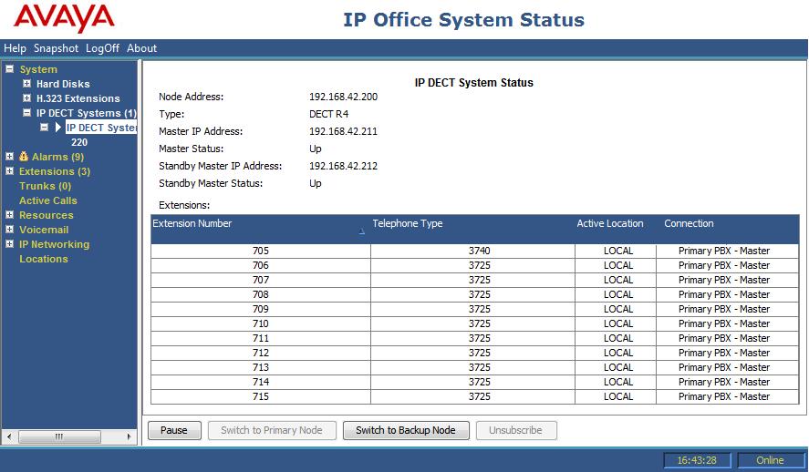 11.4 DECT Trunk Resilience Using System Status Application you can view the status of both an IP Office system and also any DECT systems to which it is connected.