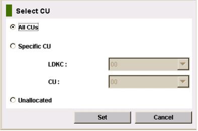 Item All CUs Specific CU Unallocated Set Cancel Description When selected, only information about resources of all CUs appears on the CLPR resource list.