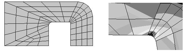 Plane Stress / Plane Strain 2-25 Figure 2-36 Mapped mesh and von Mises results. One can tailor the mapped mesh by specifying how many elements are to be placed along which lines.