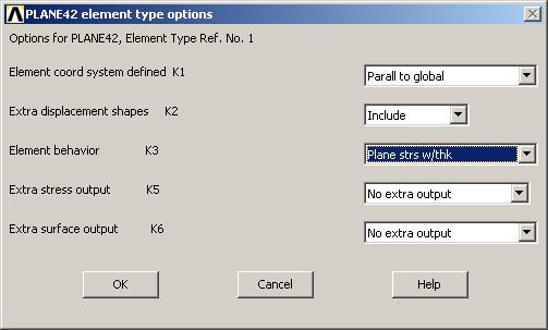 Choosing the [Options ] button (Fig. 10) brings up the following window. Fig. 11: Selection of the finite element behavior.