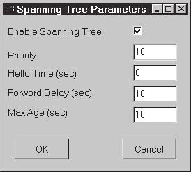 Figure 7: Spanning Tree Parameters Window The Spanning Tree Parameters window contains the following parameters: Enable Spanning Tree - When this option is enabled, the unit supports Spanning Tree