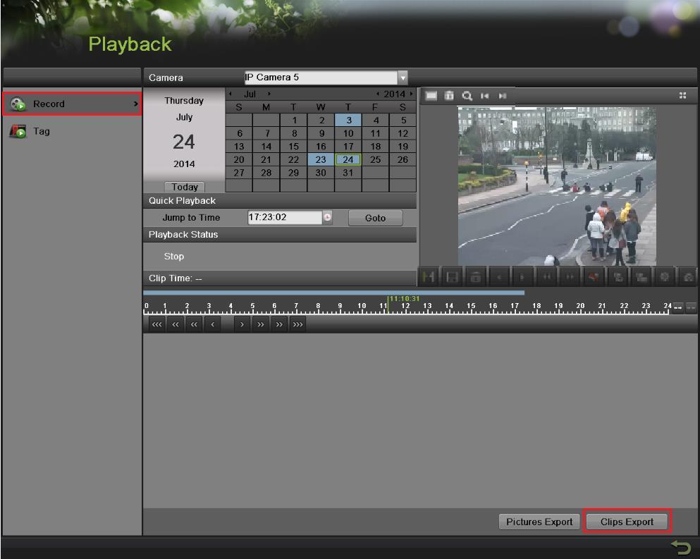 PLAYING BACK RECORDED VIDEO 10. MAKING A BACKUP START/END Clipping Save clip Select the START TIME Select the END TIME Export Clips Steps to make a BACKUP of recorded video 1.