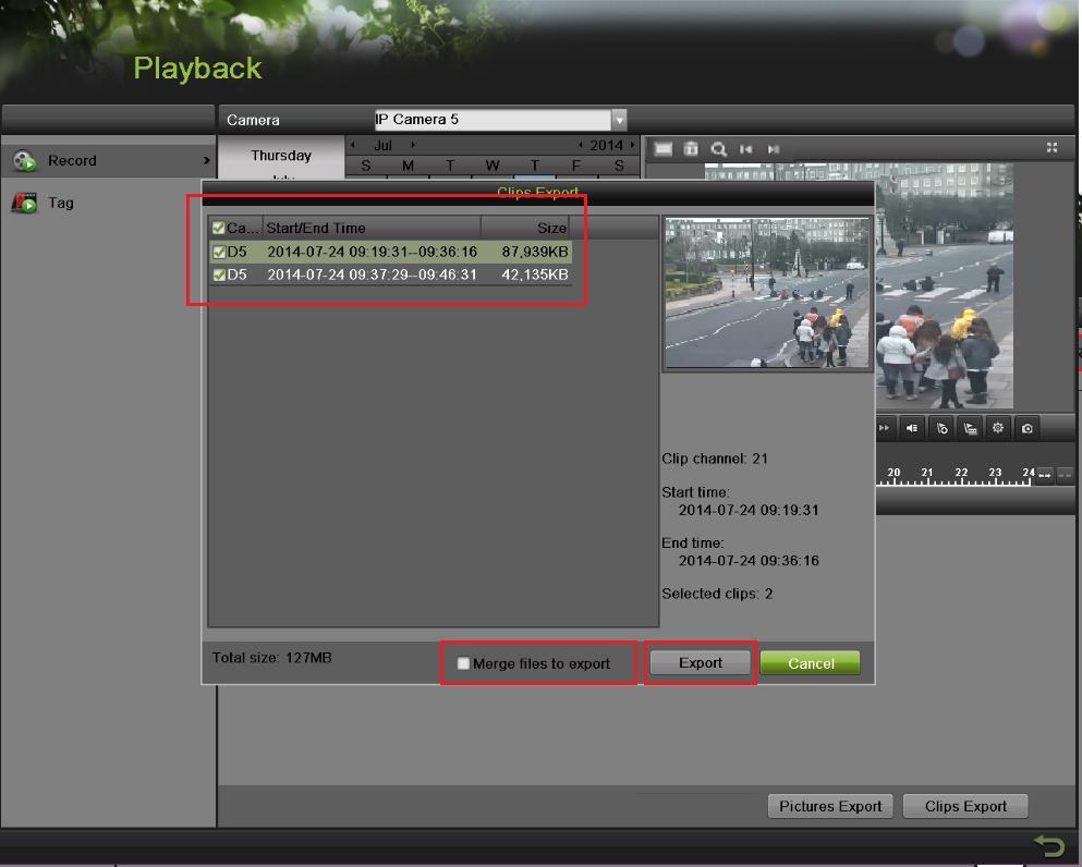 PLAYING BACK RECORDED VIDEO After pressing CLIPS EXPORT a new window opens up containing all saved clips.