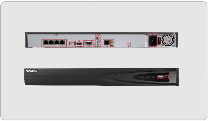 FRONT AND REAR VIEW DS-7604NI-SE/P 1 2 3 4 5 6 7 8 9 10 1 REAR VIEW 1. Built in POE Switch 2. USB Port 3. HDMI Monitor Output 4.