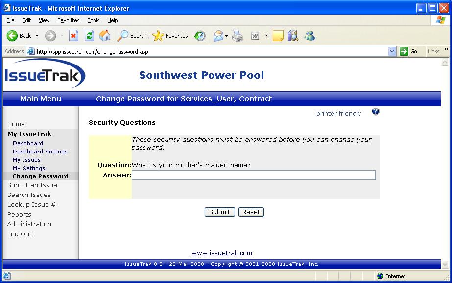 2. Select and answer your security question, then click Submit. 3.