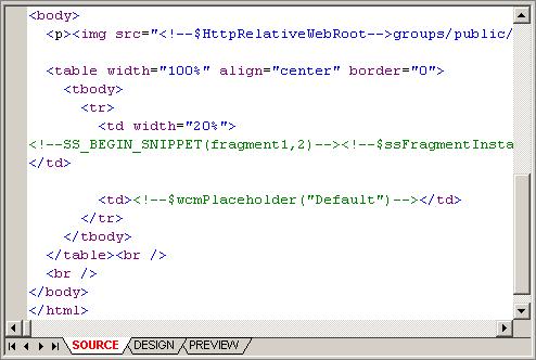 Viewing Templates in Designer Figure 8 11 Source View 8.11.3 Preview The information in source view appears as color-coded text: Black is used for XML code, HTML tag attributes, and text that appears on the web page.