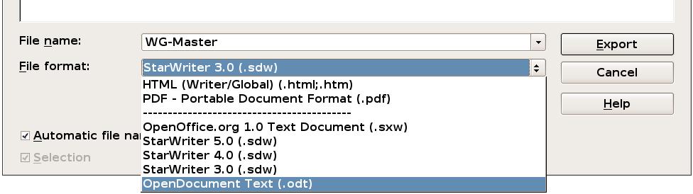 Figure 19: Exporting a master document to an OpenDocument Text (.