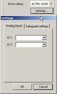 Drive Analog Input Settings Configure the drive's analog input channel settings for current/voltage configuration based on the hardware (jumper/dip switch) settings of the drive.