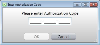 7. If an authorization code is needed, this screen appears. Authorization codes are single-use 12-character codes.