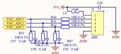 ! ADC port Pin 1 2 3 4 5 Signal VCC FMU_ADC3 (Pressure) FMU_ADC2 FMU_ADC1 GND Volt +5V Up to +6.6v Up to +3.3v Up to +3.