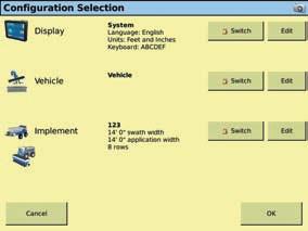 Custom Configurations To define three primary configurations for specific applications, tap to view the Configuration Selection screen: ConfiguratioN Display Configuration Setting language and units
