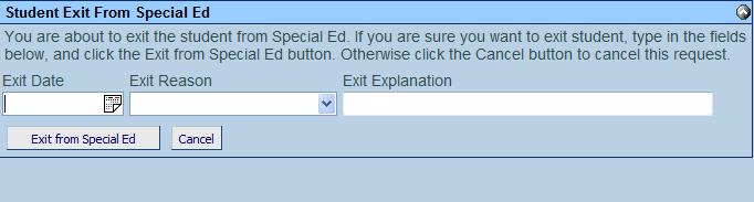 Procedure: Manually Exiting a Student from Special Education SE Student> Process Docs tab Special Education User Guide 1. Click the Exit Process button.