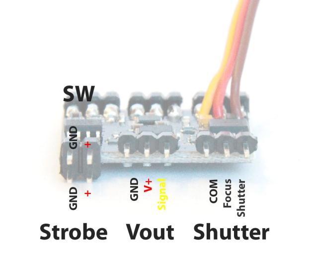 RCCC v2 QUICK GUIDE CH1 RC channel 1 (PWM or sum PPM) CH2 RC channel 2 CH3 RC channel 3 V1 Video in 1 V2 Video in 2 V3 Video in 3 BAT Battery connector SW Strobe Vout Shutter Switch headlight output