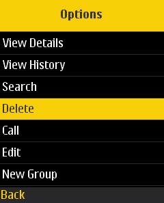 Delete Contacts You can only delete one contact at a time. To delete a contact 1. Select a contact from the Contacts screen and press the right soft key for Options. The Options screen is displayed.