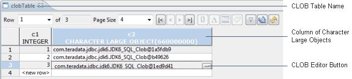 5: Table Data Development Opening the Clob Editor You open the Clob Editor from the Table Data Editor by selecting the row that contains the Character Large Object (CLOB) in the table.