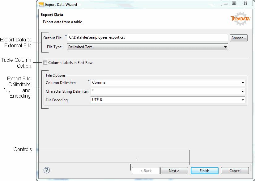 6: Data Import and Export Export Data to External File In this section you can specify the name of the file to receive the data and the server path to its location in the file system.