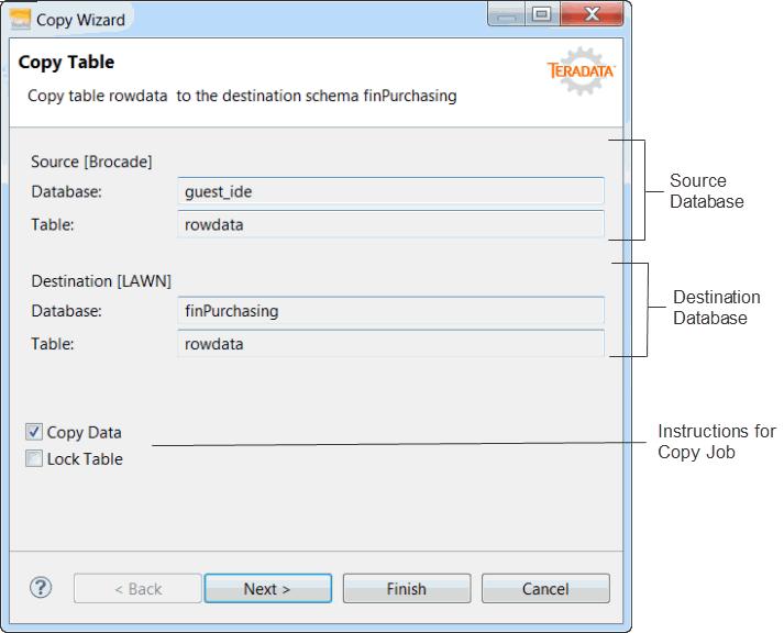 3: Teradata Data Lab About Copy Table When you drag and drop a table from the Data Source Explorer to the Data Lab View, the Copy Wizard displays the name of the source and destination tables in the