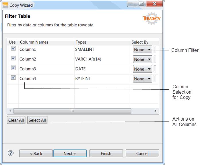 3: Teradata Data Lab About Filter Table The Copy Wizard enables you to review the source table columns and specify which columns and data you want copied to the Data Lab destination table.