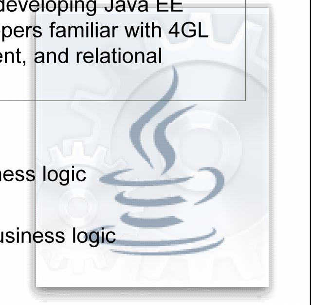 ADF Business Components A framework that simplifies developing Java EE business services for developers familiar with 4GL tools, declarative development, and relational
