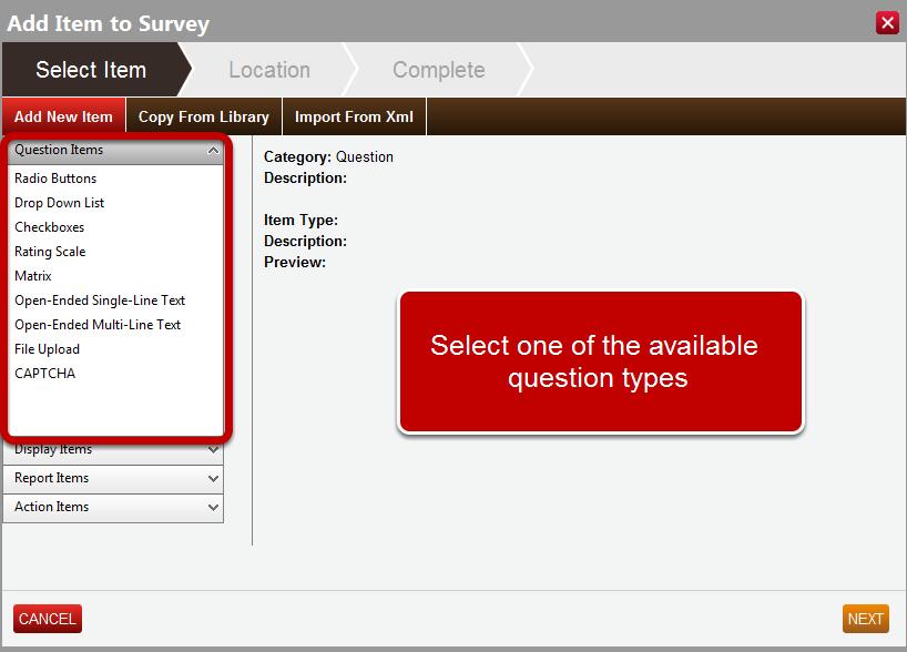 Once you select Add Item you will be presented with a list of Survey Items.