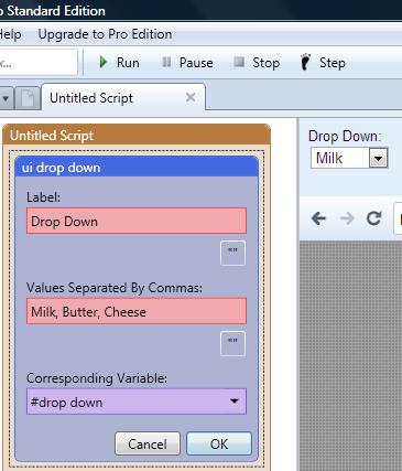You can insert the variable in a type text file to fill a field. You can so use the UI drop down command to select an item from a drop down menu.