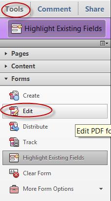 If Acrobat does not find a field, or if you have to change a field, you have to be in the Forms Editing Panel.