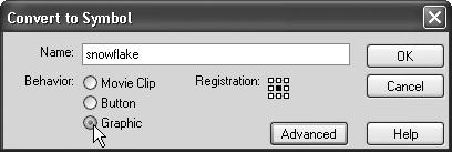 6. Symbols and Instances Macromedia Flash MX H O T 5. For Name, type snowflake; for Behavior, select Graphic; and for Registration, make sure the box in the middle of the square is selected. Click OK.