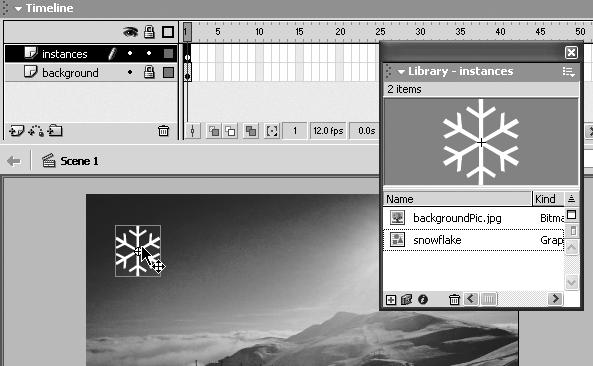 6. Symbols and Instances Macromedia Flash MX H O T 4. In the Library, click on the snowflake s Graphic symbol icon, and drag it onto the Stage.