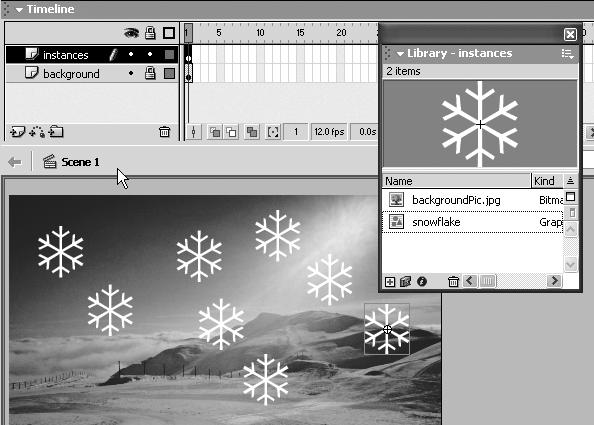 Macromedia Flash MX H O T 6. Symbols and Instances Preview Window 5. Click and drag seven more snowflakes from the Library. This will create a total of eight instances on your Stage.