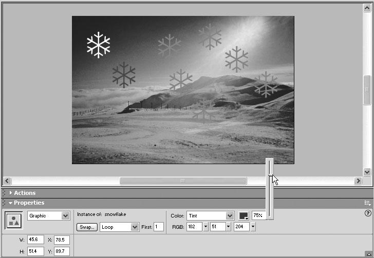 Macromedia Flash MX H O T 6. Symbols and Instances Tint Color box 7. Click inside the Tint Color box and, from the pop-up color palette select a shade of purple. RGB values 8.