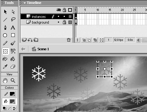 Macromedia Flash MX H O T 6. Symbols and Instances Selected snowflake 17. In the Toolbox, select the Free Transform tool. 18. Click on the middle handle on the bottom of the snowflake and drag down.