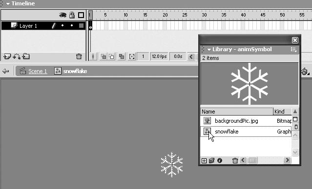 Macromedia Flash MX H O T 6. Symbols and Instances 4. In the Library, double-click on the small Graphic symbol icon to the left of the word snowflake.