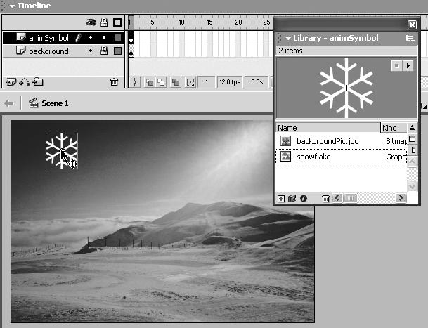 6. Symbols and Instances Macromedia Flash MX H O T 17. Drag an instance of the snowflake symbol onto the Stage. This will add an instance of the animated snowflake symbol to the Main Timeline. 18.