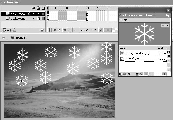 The following steps will show you how to change the starting frames of each animated Graphic symbol to create a more natural-looking snowfall. 25. Close the Preview Window. 26.