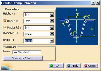 If you use the Aerospace SheetMetal Design workbench, open the Aero_Stamping.CATPart document. 1. Click the Circular Stamp icon. 2.