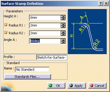 Creating a Surface Stamp Page 107 This task shows you how to create a surface stamp by specifying the punch geometrical parameters. Open the NEWStamping4.