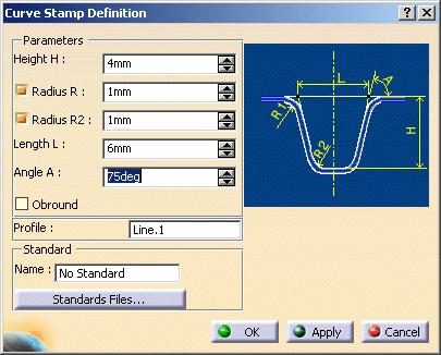 Creating a Curve Stamp Page 113 This task shows you how to create a curve stamp by specifying the punch geometrical parameters. Open the NEWStamping3.CATPart document.
