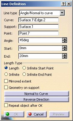 - If the selected curve is planar, then the Support is set to Default (Plane).