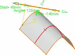 A line is displayed at the given angle with respect to the tangent to the reference curve at the selected point.