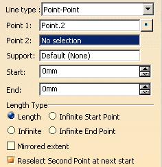 Create the second point. 5. Click OK to create the first line. The Line dialog box opens again with the first point initialized with the second point of the first line.