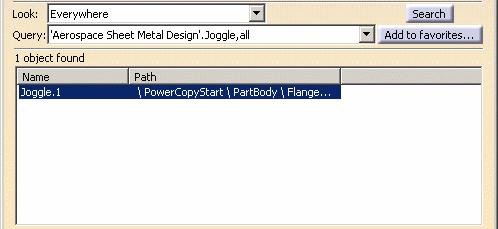 Page 180 3. Select the type of feature you wish to find within the open.catpart document. Here we chose Joggle. 4. Click the Search button.