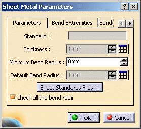 Page 200 4. Click Open. In the Sheet Metal Parameters dialog box, the Design Table icon appears opposite the Thickness and Bend radius fields.