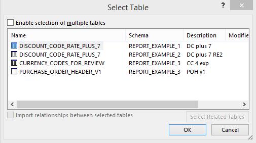 table from the list of tables presented by Excel.